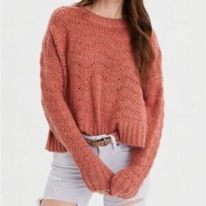 American Eagle Textured‎ Crop Sweater Coral Orange Open Knit Long Sleeve Women L